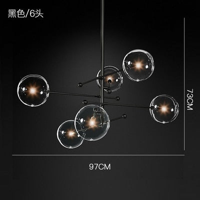 modern design glass ball chandelier 6 heads clear glass bubble lamp chandelier for living room kitchen black/gold light fixture